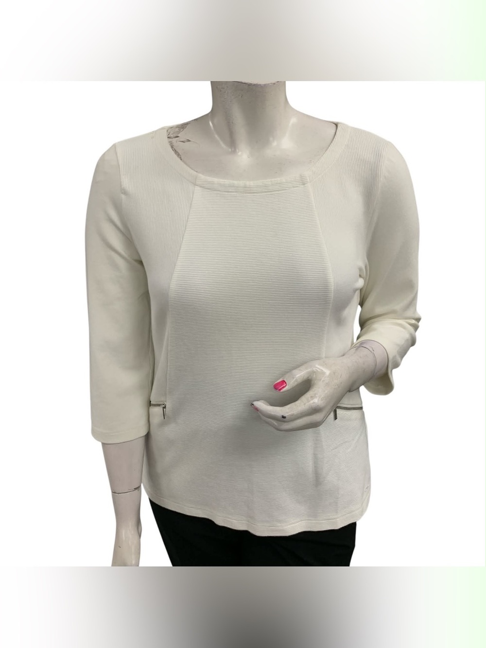 Tommy Hilfiger Cream Ribbed Three-Quarter Sleeve Top Size XL